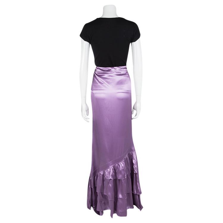 مملوكة مسبقًا Roberto Cavalli Purple Satin Ruffled Bottom Maxi Skirt M