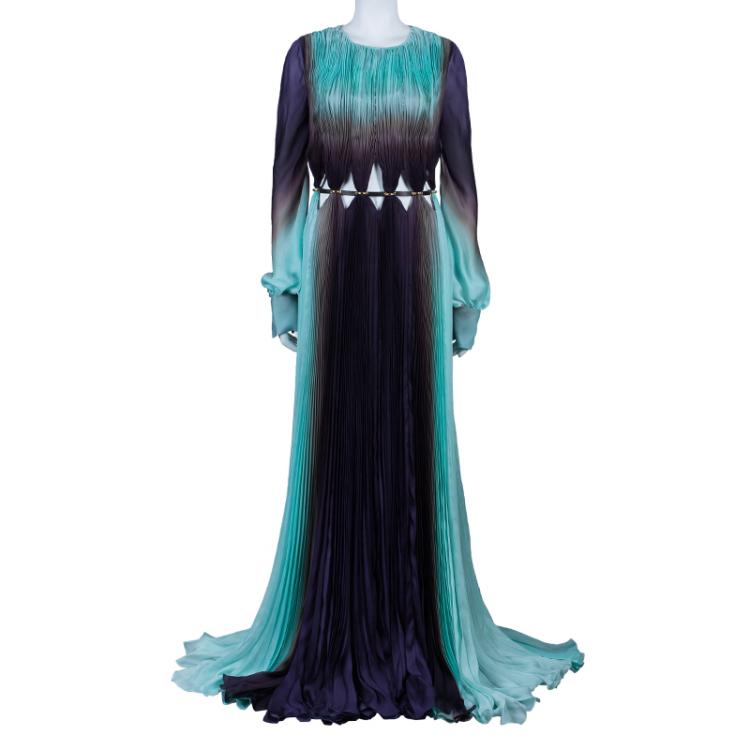 Pre Owned Roberto Cavalli Plisse Chiffon Cutout Gown M