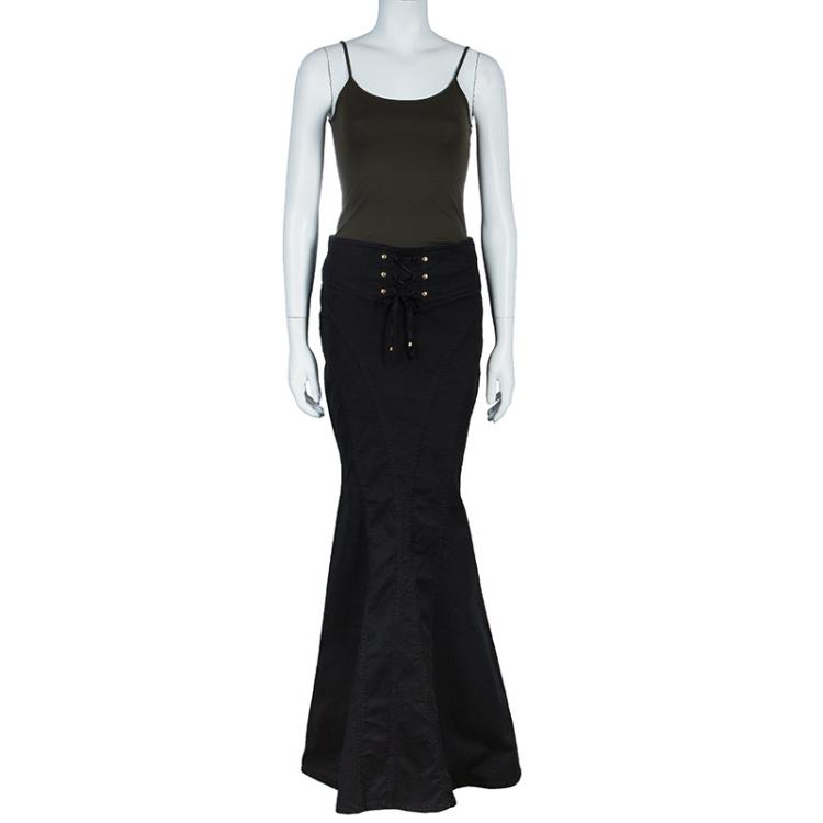 Pre Owned Roberto Cavalli Black Denim Maxi Skirt Size M