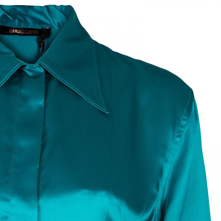 Pre Owned Roberto Cavalli Turquoise Satin Blouse L