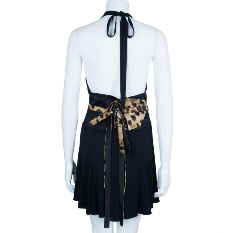 Pre Owned Roberto Cavalli Black Leopard Print Contrast Dress M