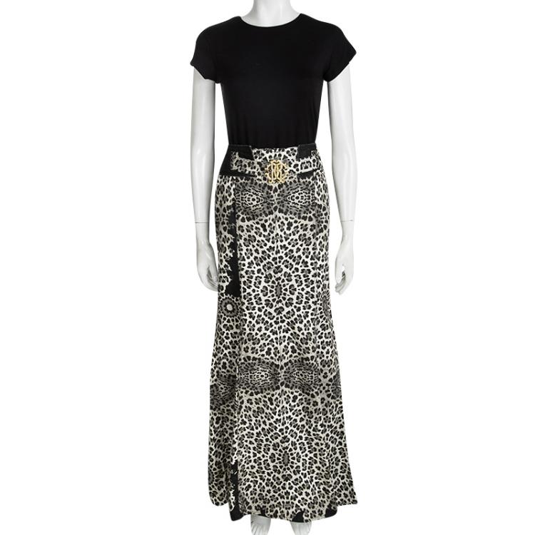 Pre Owned Roberto Cavalli Animal Printed Cotton Belted Maxi Skirt M