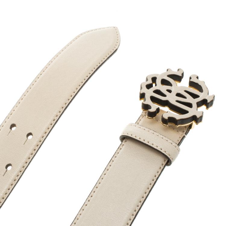 Pre Owned Roberto Cavalli Beige Leather Logo Buckle Belt 80CM