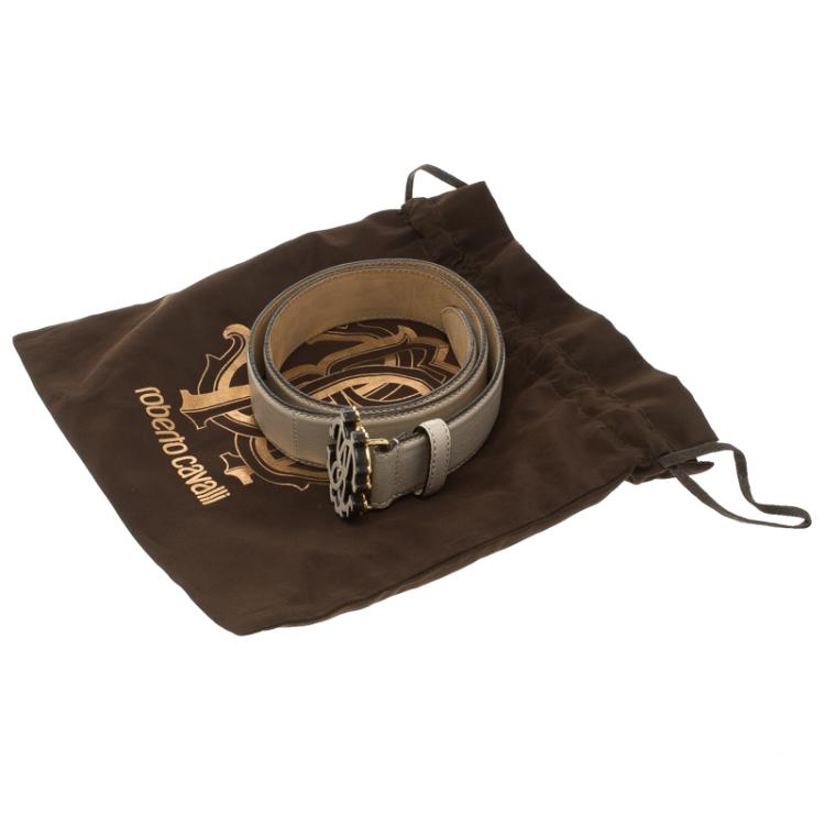 Pre Owned Roberto Cavalli Beige Leather Logo Buckle Belt 80CM