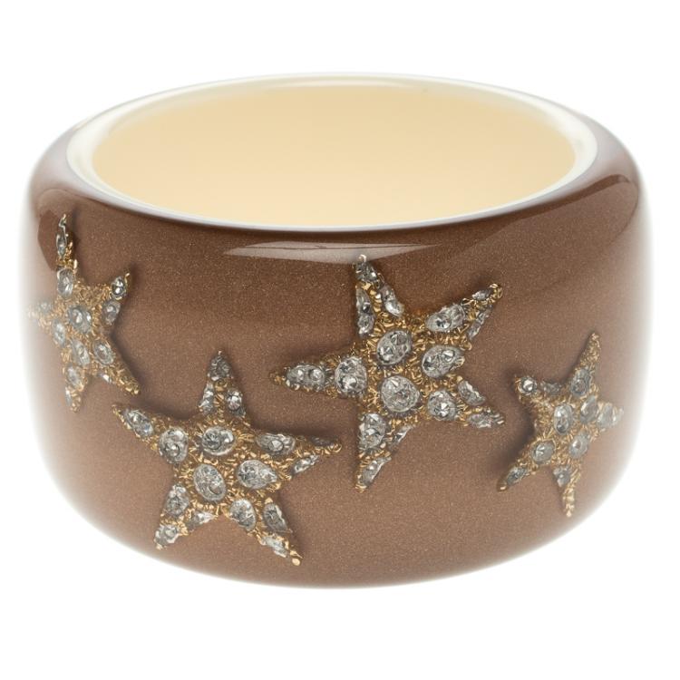 Pre Owned Roberto Cavalli Crystal Star Brown Resin Wide Cuff Bangle 20cm