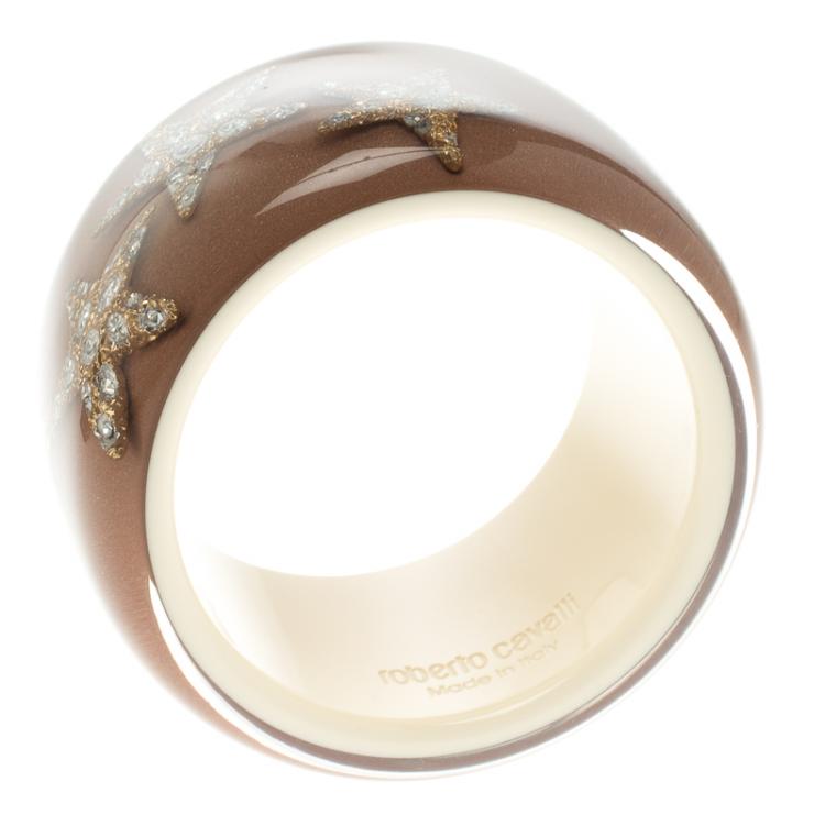 Pre Owned Roberto Cavalli Crystal Star Brown Resin Wide Cuff Bangle 20cm