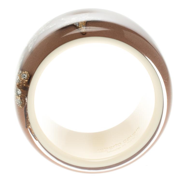 Pre Owned Roberto Cavalli Crystal Star Brown Resin Wide Cuff Bangle 20cm