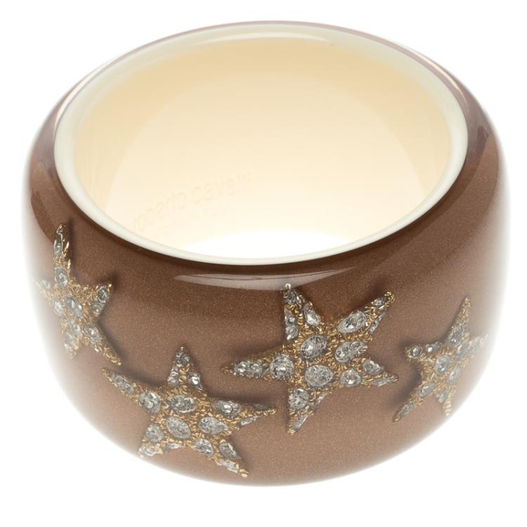 Pre Owned Roberto Cavalli Crystal Star Brown Resin Wide Cuff Bangle 20cm