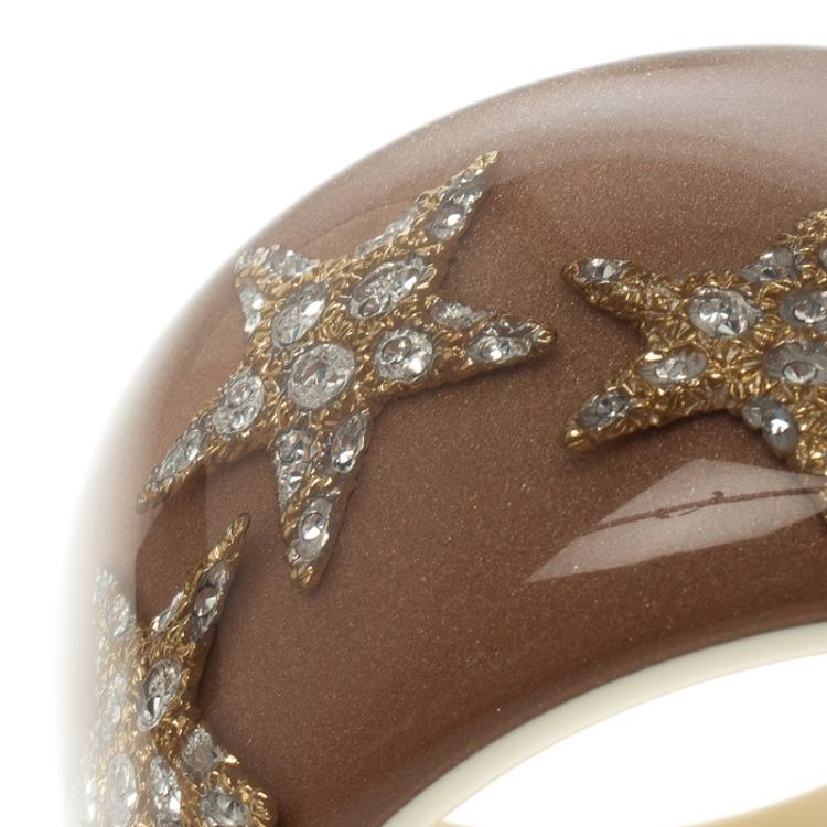 Pre Owned Roberto Cavalli Crystal Star Brown Resin Wide Cuff Bangle 20cm