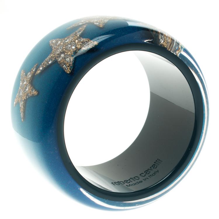 Pre Owned Roberto Cavalli Crystal Star Blue Resin Wide Cuff Bangle 20cm
