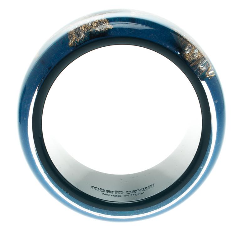 Pre Owned Roberto Cavalli Crystal Star Blue Resin Wide Cuff Bangle 20cm