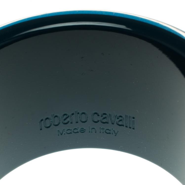 Pre Owned Roberto Cavalli Crystal Star Blue Resin Wide Cuff Bangle 20cm