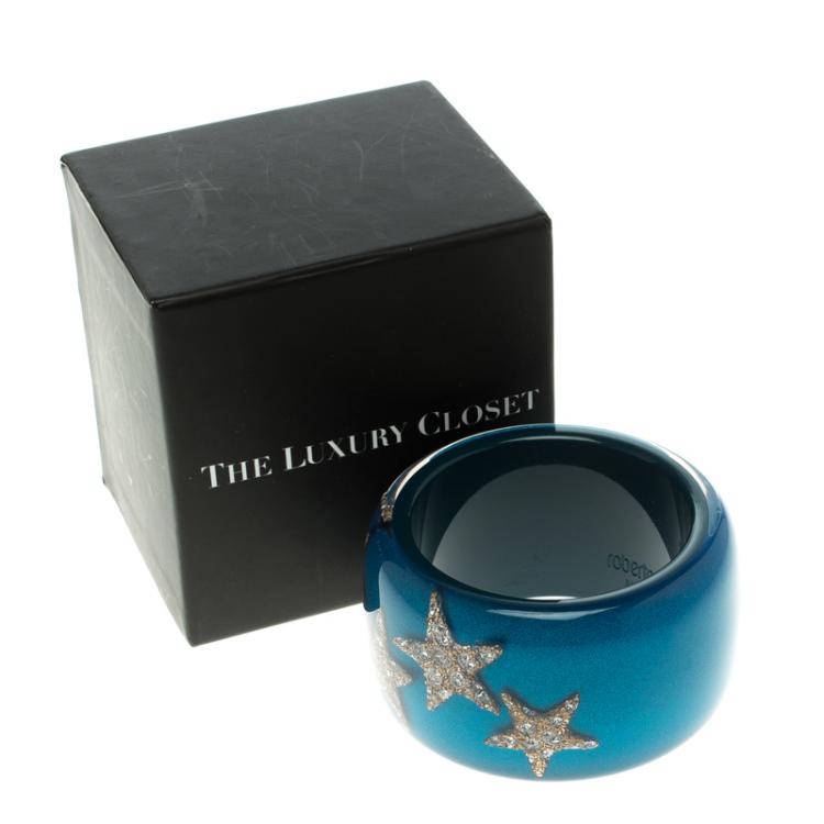 Pre Owned Roberto Cavalli Crystal Star Blue Resin Wide Cuff Bangle 20cm