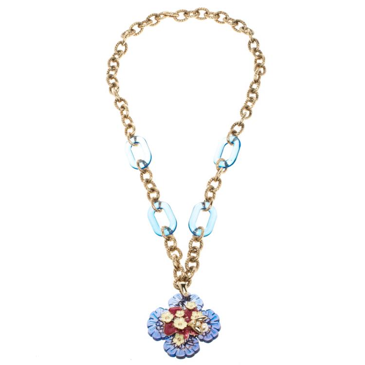 Pre Owned Roberto Cavalli Resin Enamel Flower Pendant & Gold Tone Chain Link Long Necklace