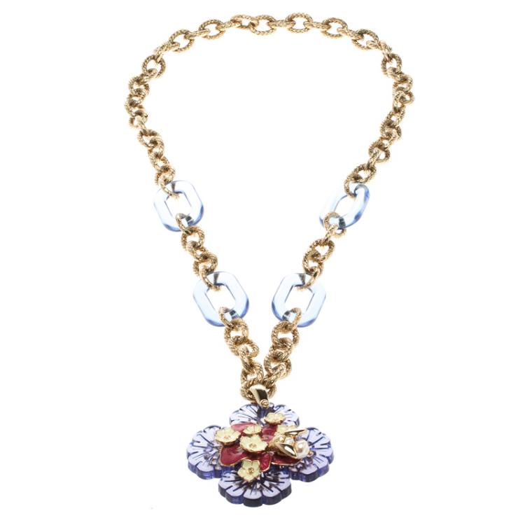 Pre Owned Roberto Cavalli Resin Enamel Flower Pendant & Gold Tone Chain Link Long Necklace