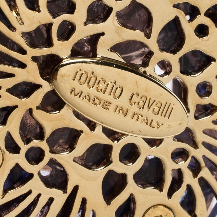 Pre Owned Roberto Cavalli Resin Enamel Flower Pendant & Gold Tone Chain Link Long Necklace