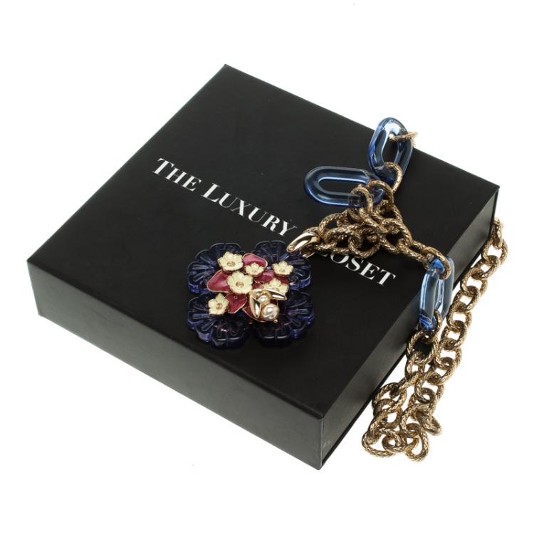 Pre Owned Roberto Cavalli Resin Enamel Flower Pendant & Gold Tone Chain Link Long Necklace