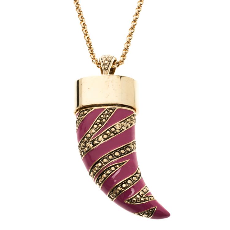 Pre Owned Roberto Cavalli Pink Enamel Gold Tone Horn Pendant Necklace