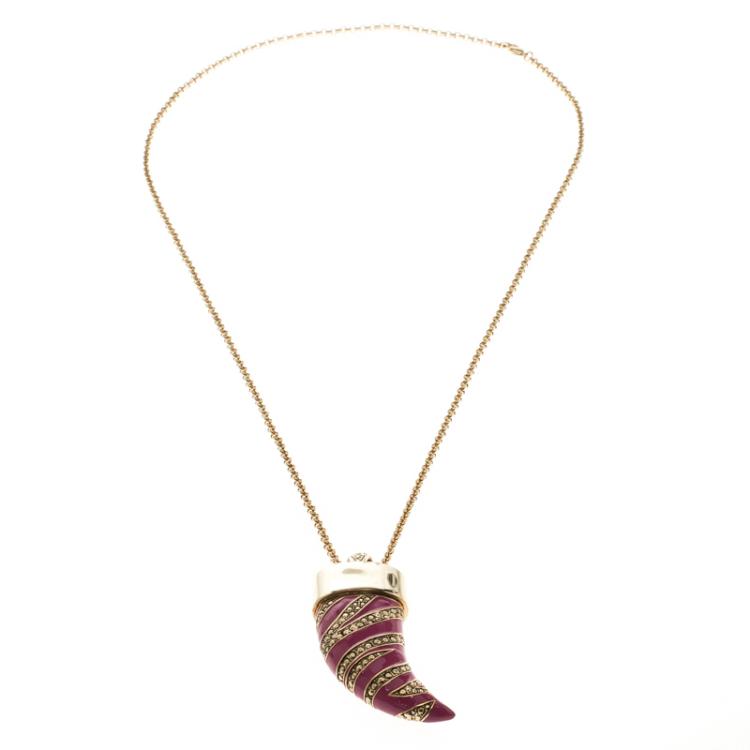 Pre Owned Roberto Cavalli Pink Enamel Gold Tone Horn Pendant Necklace