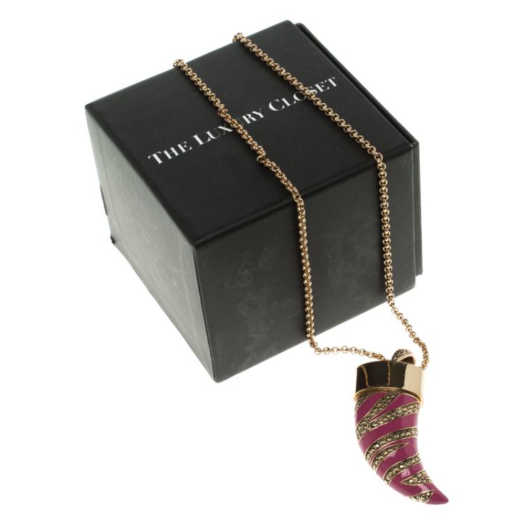 Pre Owned Roberto Cavalli Pink Enamel Gold Tone Horn Pendant Necklace