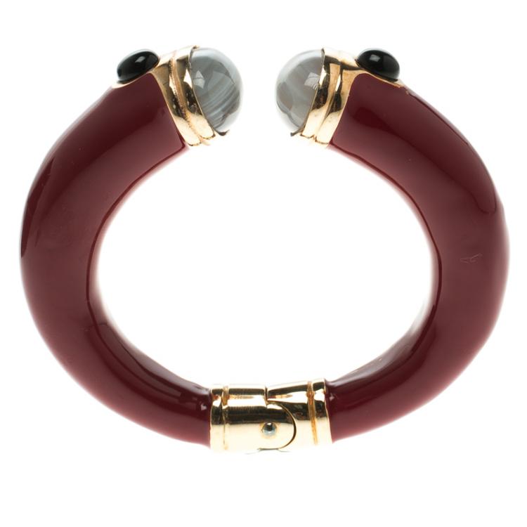 Pre Owned Roberto Cavalli Red Enamel & Cabochon Stone Open Cuff Bracelet 17cm