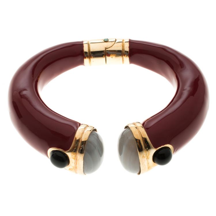 Pre Owned Roberto Cavalli Red Enamel & Cabochon Stone Open Cuff Bracelet 17cm