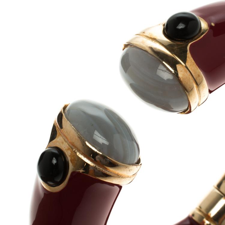 Pre Owned Roberto Cavalli Red Enamel & Cabochon Stone Open Cuff Bracelet 17cm