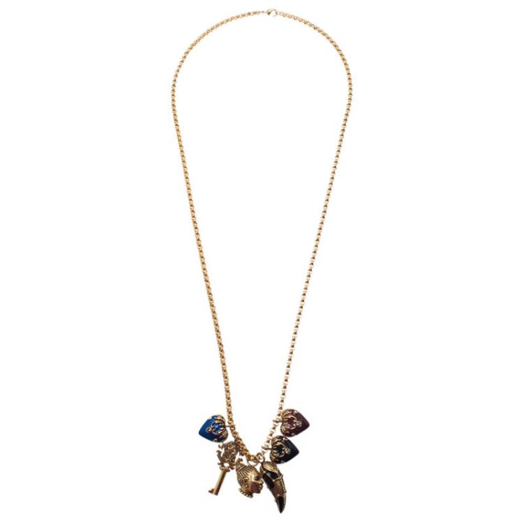 Pre Owned Roberto Cavalli Multi Color Gold Tone Charm Long Necklace
