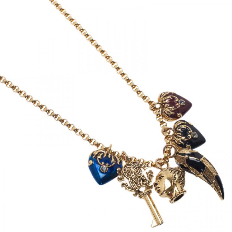 Pre Owned Roberto Cavalli Multi Color Gold Tone Charm Long Necklace