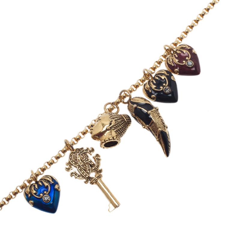 Pre Owned Roberto Cavalli Multi Color Gold Tone Charm Long Necklace