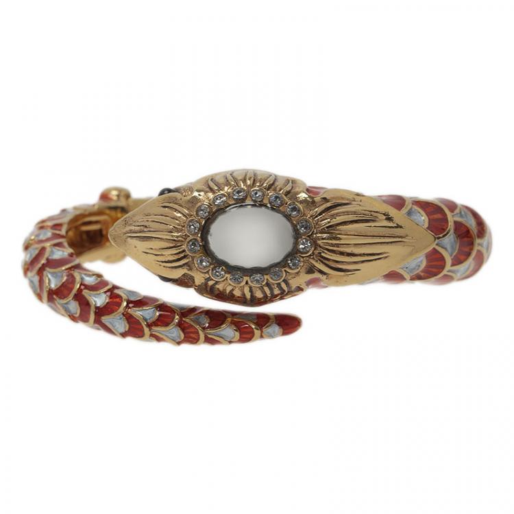 Pre Owned Roberto Cavalli Snake Red Crystal Bangle Bracelet