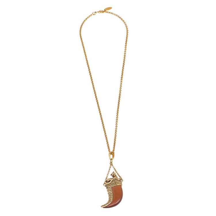 مملوكة مسبقًا Roberto Cavalli Brown Leather Tooth Gold Tone Pendant Necklace