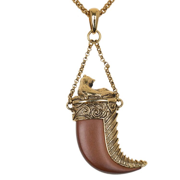 مملوكة مسبقًا Roberto Cavalli Brown Leather Tooth Gold Tone Pendant Necklace