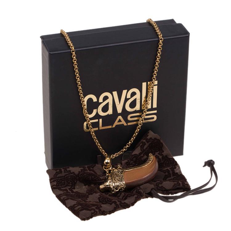 مملوكة مسبقًا Roberto Cavalli Brown Leather Tooth Gold Tone Pendant Necklace
