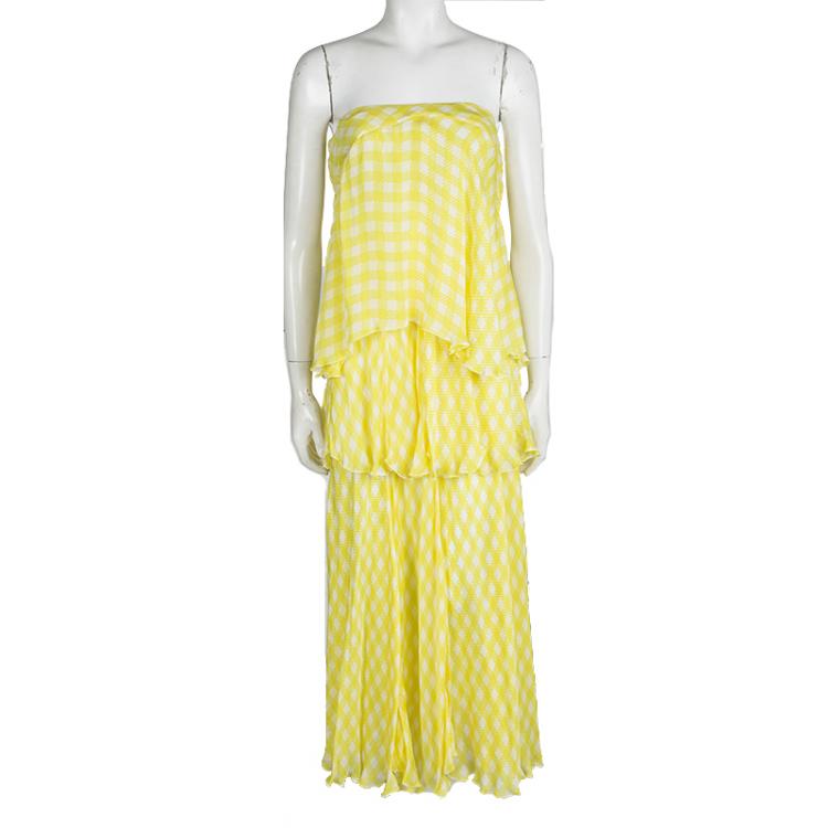 Pre Owned Roberto Cavalli Yellow Printed Silk Tiered Strapless Dress M