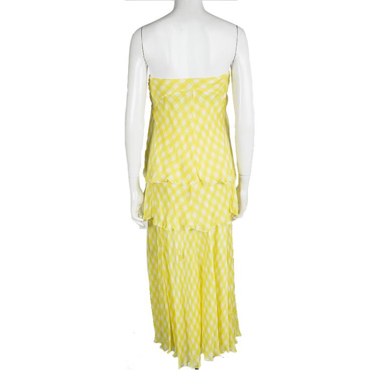 Pre Owned Roberto Cavalli Yellow Printed Silk Tiered Strapless Dress M