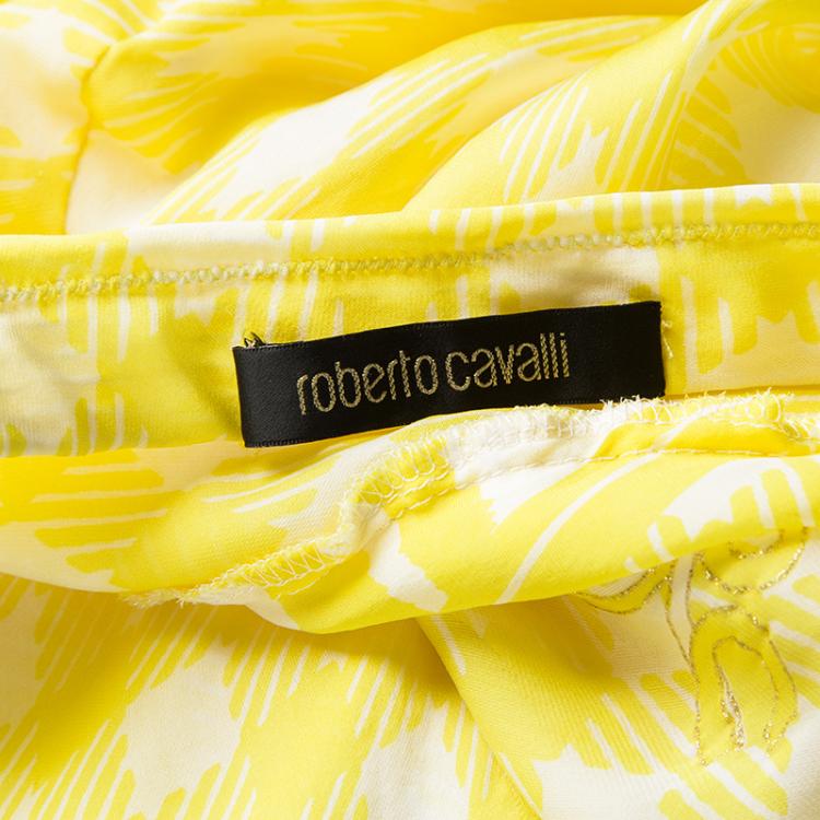 Pre Owned Roberto Cavalli Yellow Printed Silk Tiered Strapless Dress M