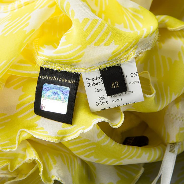 Pre Owned Roberto Cavalli Yellow Printed Silk Tiered Strapless Dress M