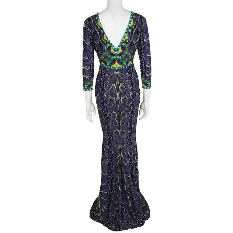 Pre Owned Roberto Cavalli Multicolor Snakeskin Printed Long Sleeve Maxi Dress M