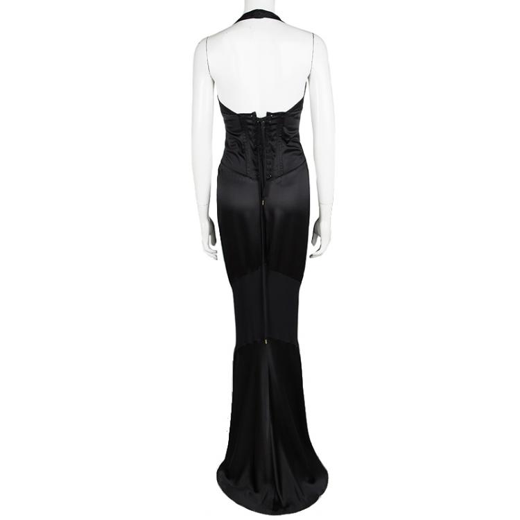 مملوكة مسبقًا Roberto Cavalli Black Silk Halter Neck High Low Corset Gown L