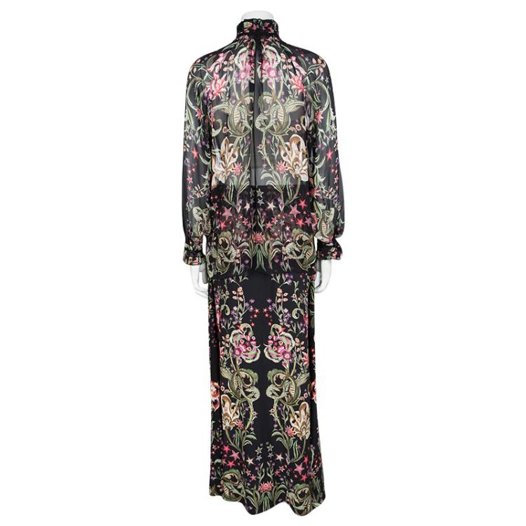 مملوكة مسبقًا Roberto Cavalli Black Floral Printed Silk Tassel Detail Blouse and Skirt Set S