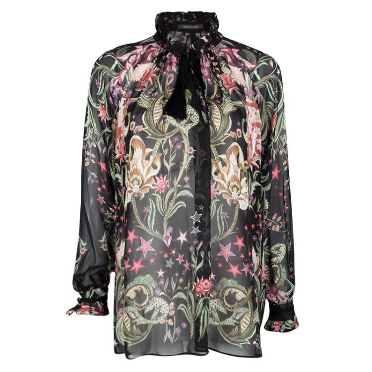 مملوكة مسبقًا Roberto Cavalli Black Floral Printed Silk Tassel Detail Blouse and Skirt Set S