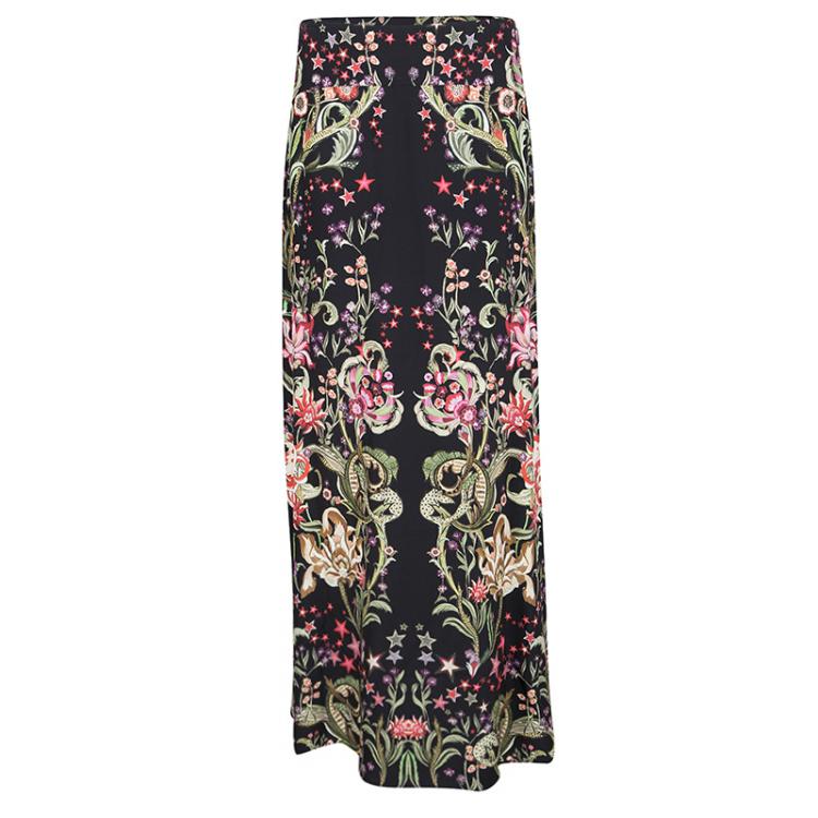 مملوكة مسبقًا Roberto Cavalli Black Floral Printed Silk Tassel Detail Blouse and Skirt Set S