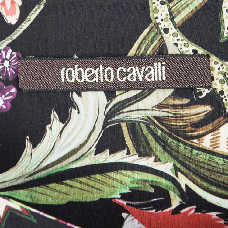 مملوكة مسبقًا Roberto Cavalli Black Floral Printed Silk Tassel Detail Blouse and Skirt Set S