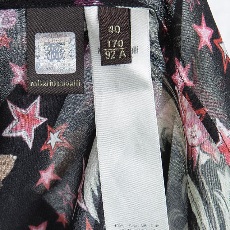 مملوكة مسبقًا Roberto Cavalli Black Floral Printed Silk Tassel Detail Blouse and Skirt Set S