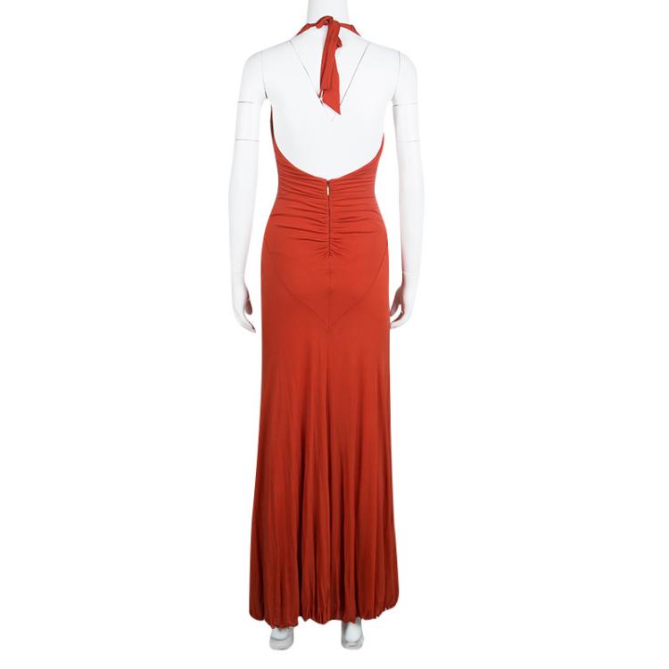 Pre Owned Roberto Cavalli Red Knit Plunge Neck Embellished Waist Ruched Halter Gown S