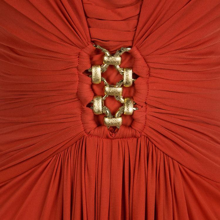 Pre Owned Roberto Cavalli Red Knit Plunge Neck Embellished Waist Ruched Halter Gown S