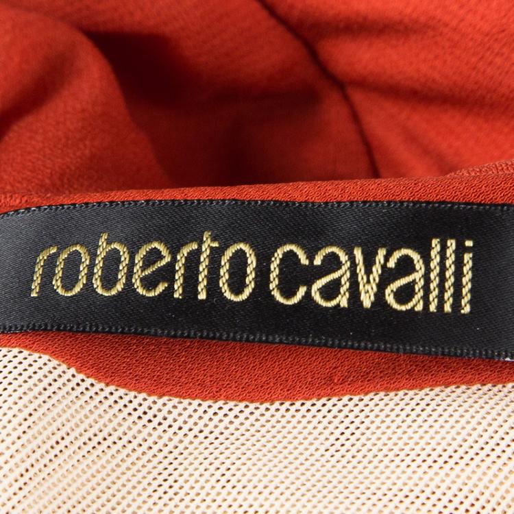 Pre Owned Roberto Cavalli Red Knit Plunge Neck Embellished Waist Ruched Halter Gown S