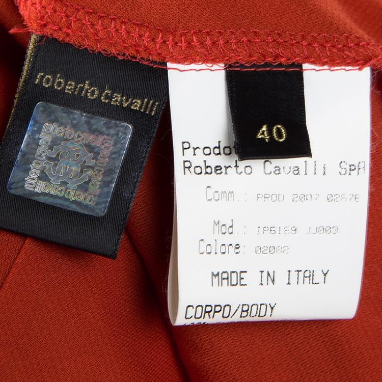 Pre Owned Roberto Cavalli Red Knit Plunge Neck Embellished Waist Ruched Halter Gown S