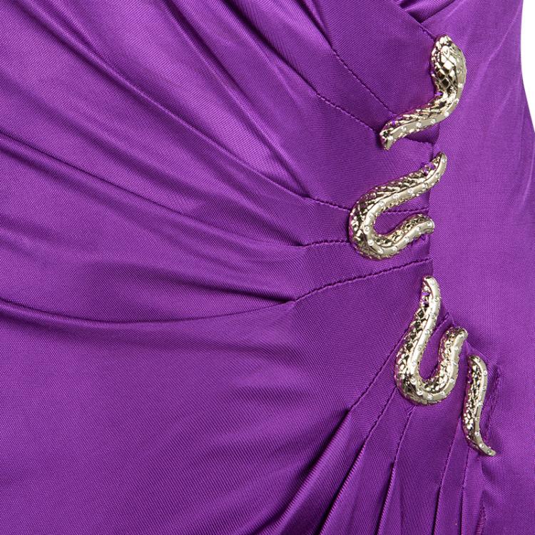 Pre Owned Roberto Cavalli Purple Knit Embellished Waist Detail Draped Sleeveless Dress S